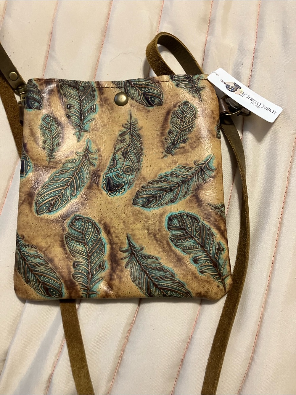 Crossbody Feather-Embossed Leather Bag in Turquoise & Tan